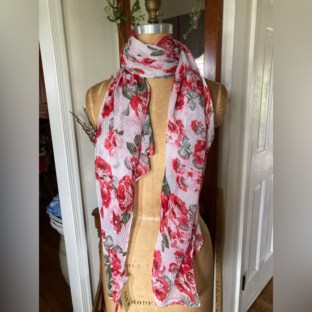 Flowy Scarf RED ROSES with White. Diaphanous. Sheer. Bias Cut. Retro print. 6’.